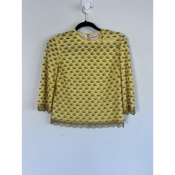 Creations by Harilela Vintage 60s Yellow Sequins Top 36 Lambswool Beaded Fringe - Picture 1 of 12
